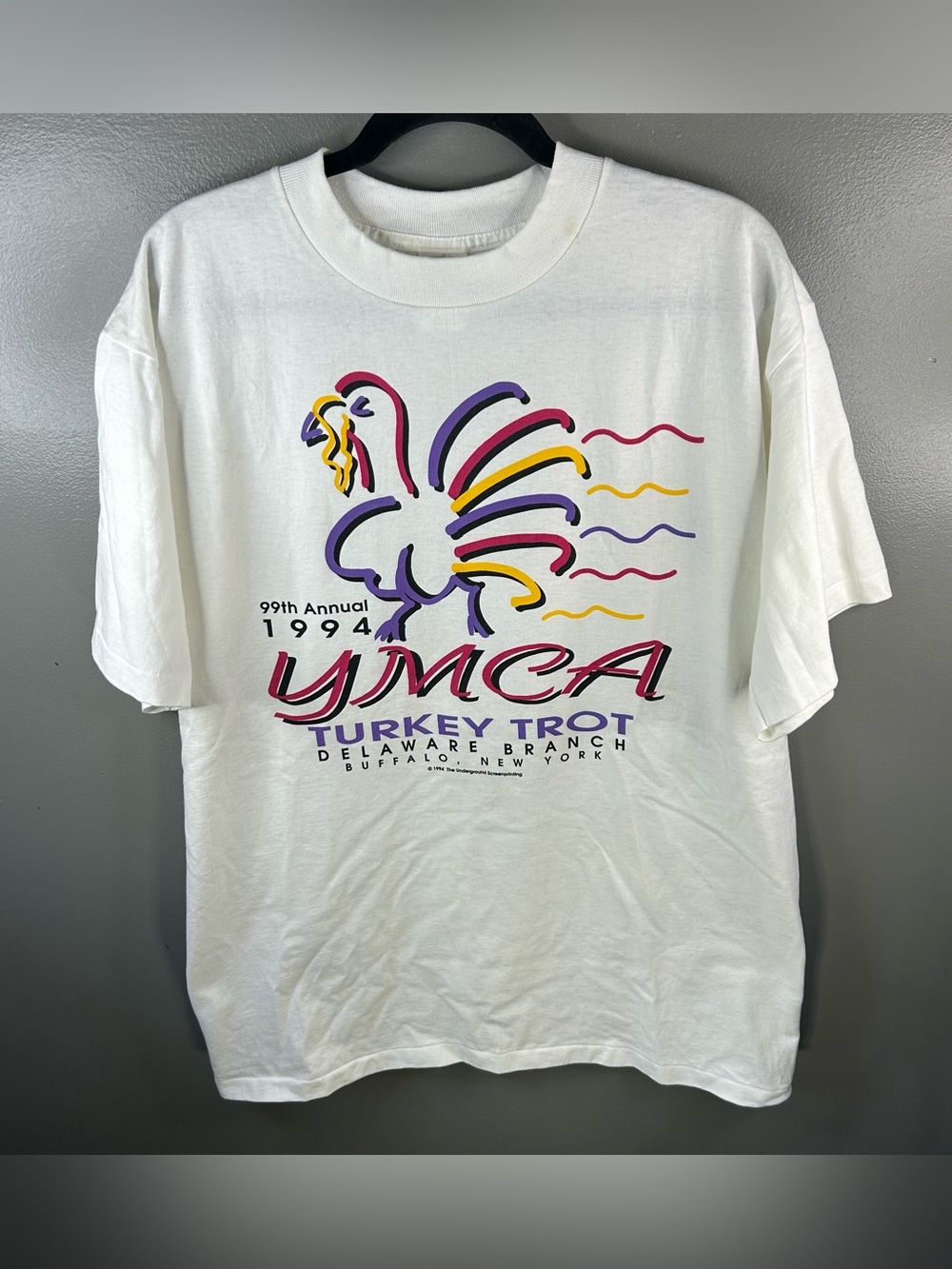 Vintage 90s 1994 YMCA Buffalo Turkey Trot White Single Stitch Shirt Size Large